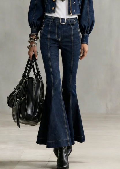 Stylish Denim Blue Peter Pan Collar Button Coats and Flared Jeans Spring