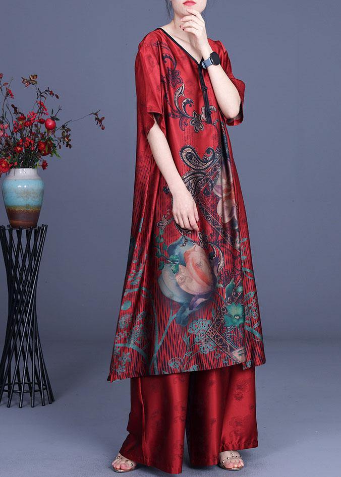 Green Print Patchwork Summer Silk Long Shirts + Wide Leg Two Pieces Set