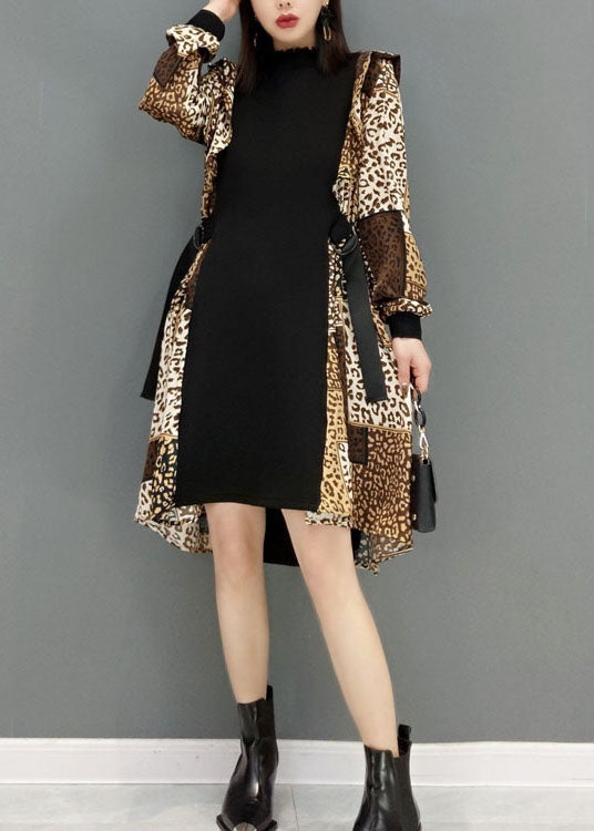 Leopard Print Tie Waist Patchwork Chiffon Dresses Spring