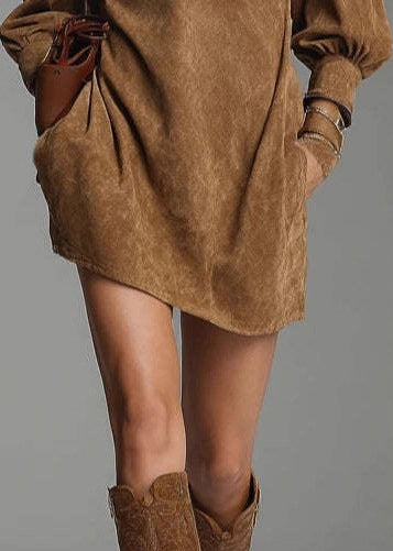 Coffee Stand Collar Zippered Pockets Faux Suede Mid Dress Spring