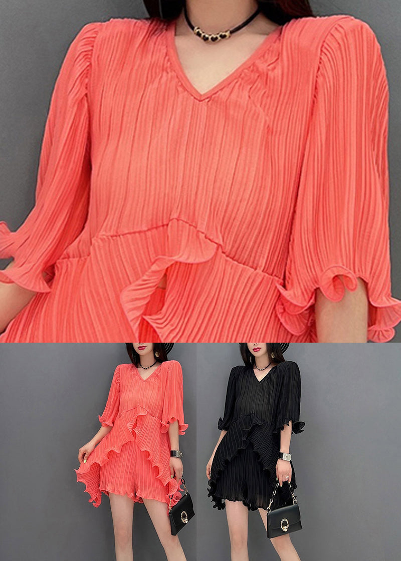Black V Neck Ruffles Silk Top and Shorts Two Pieces Set Summer
