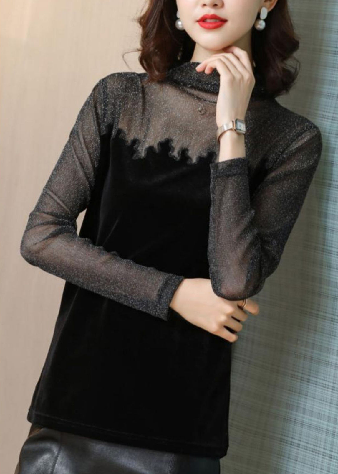 Black Turtleneck Lace Tulle Patchwork Velour Tops Bottoming Shirt