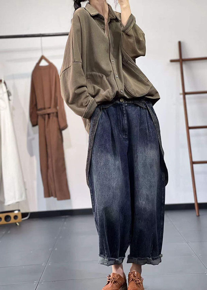 Diy Denim Blue Elastic Waist Pockets Cotton Harem Pants Spring