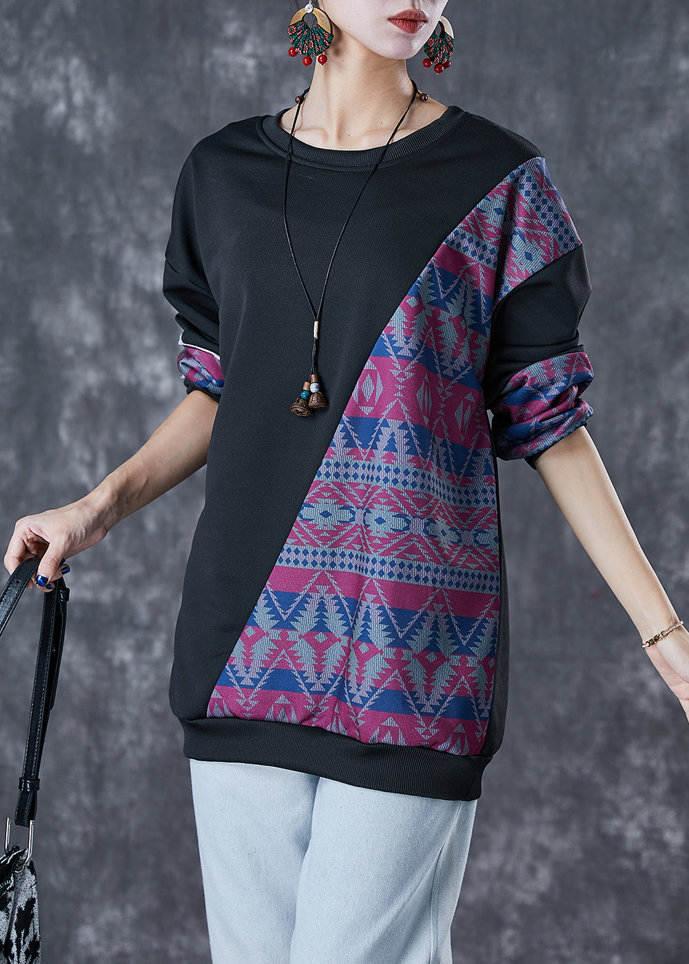 Stylish Black Oversized Patchwork Cotton Sweatshirt Fall