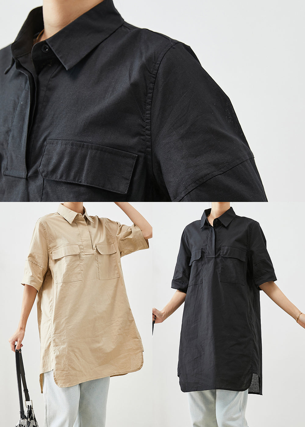 Black Peter Pan Collar Pockets Cotton Shirt Top Short Sleeve