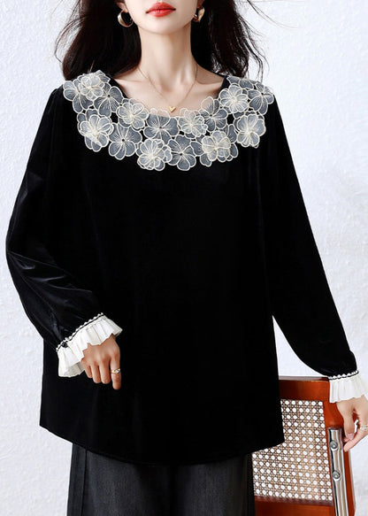 Black Patchwork Silk Velour T Shirt Fall