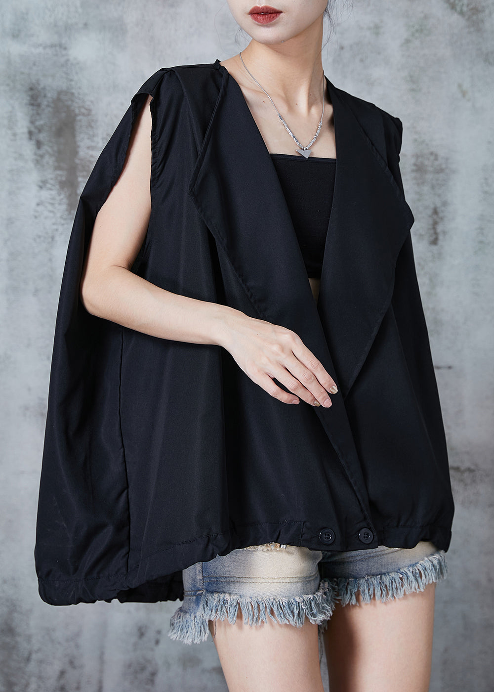 Black Oversized Drawstring Cotton Beach Vest Summer