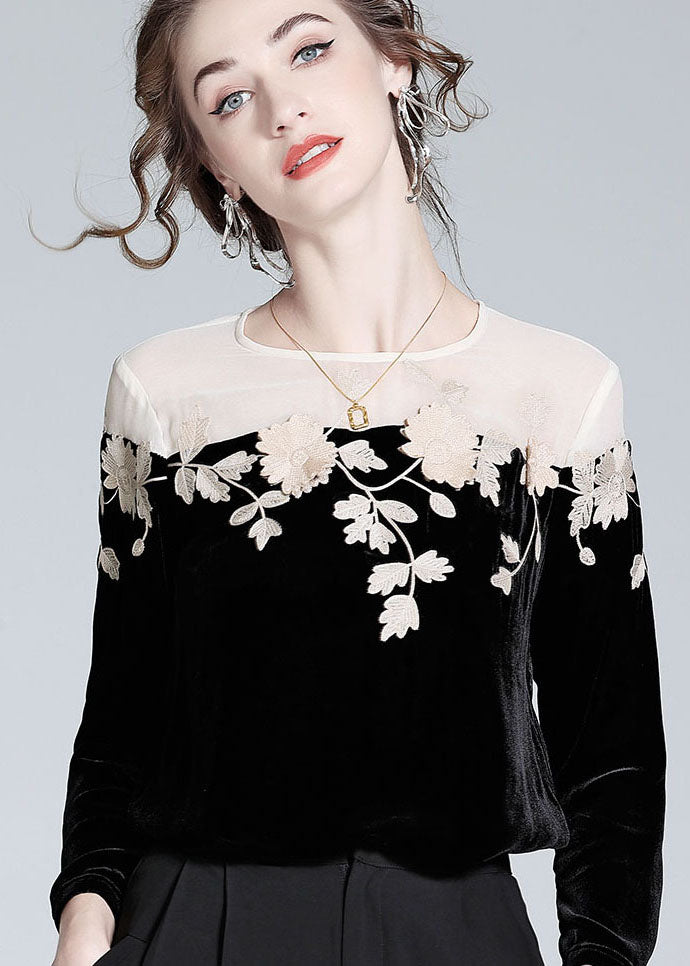 Black Embroideried Patchwork Silk Velour T Shirt Spring