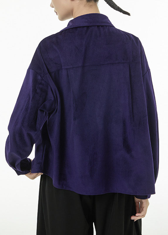 Purple Asymmetrical Design Silk Velour Shirt Top Spring