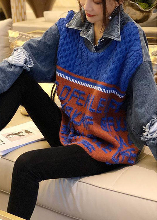 Blue Patchwork Denim Hole Loose Fall Knit Knitted Sweaters