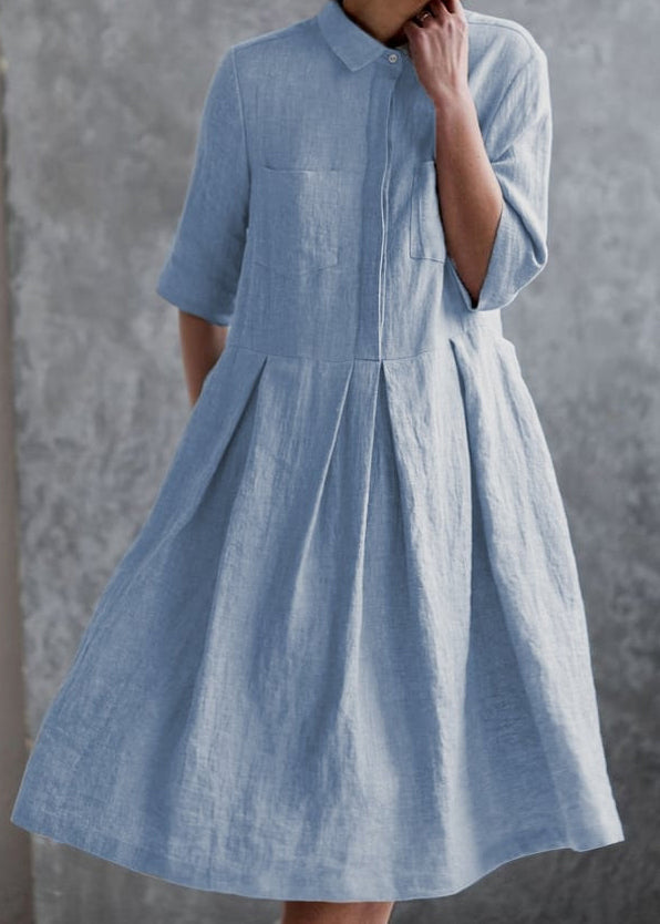 Blue Peter Pan Collar Button Cotton Shirts Dress Summer