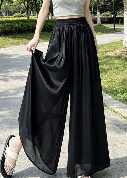 New Grey Elastic Waist Patchwork Linen Silk Wide Leg Pants Summer