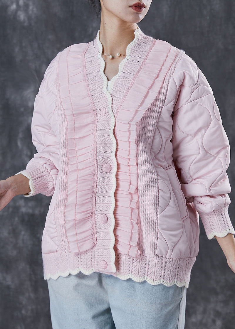 Pink Ruffled Patchwork Knit Fine Cotton Filled Coat Spring