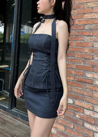 Slim Fit Black Strapless Lace Up Tops and Skirts Two Pieces Set Sleeveless