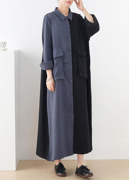 Black Patchwork Blue Button Chiffon Spring Dress
