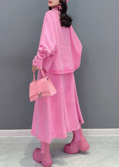 Pink Coats and Dress Denim Two Pieces Set Spring