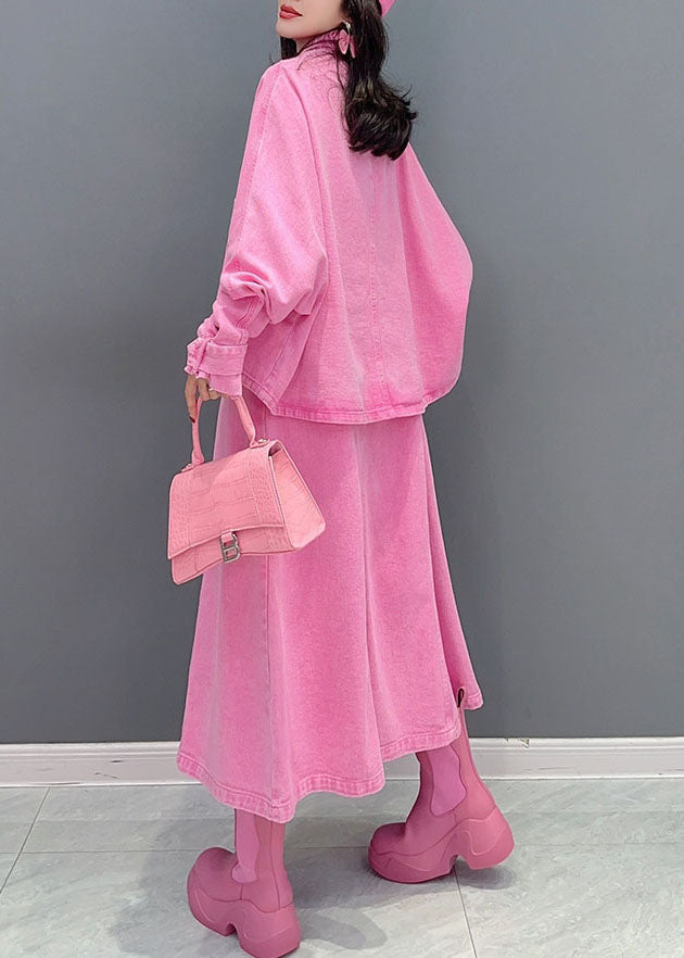 Pink Coats and Dress Denim Two Pieces Set Spring