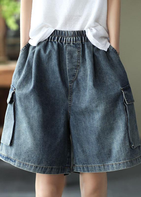 Loose Blue Elastic Waist Wide Leg Summer Denim Hot Pants