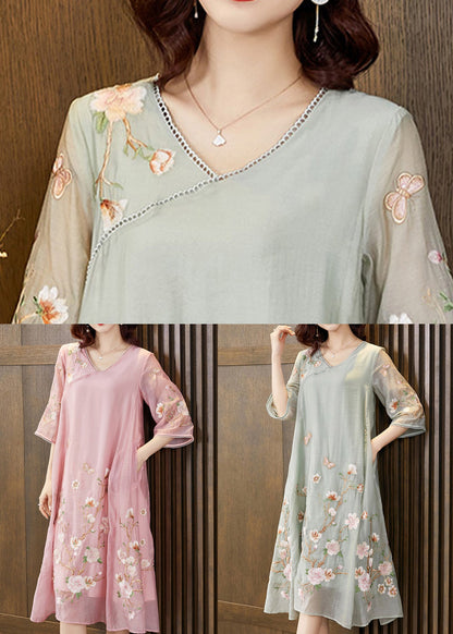 New Pink Embroidered Pockets Silk Cotton Dress Half Sleeve Summer