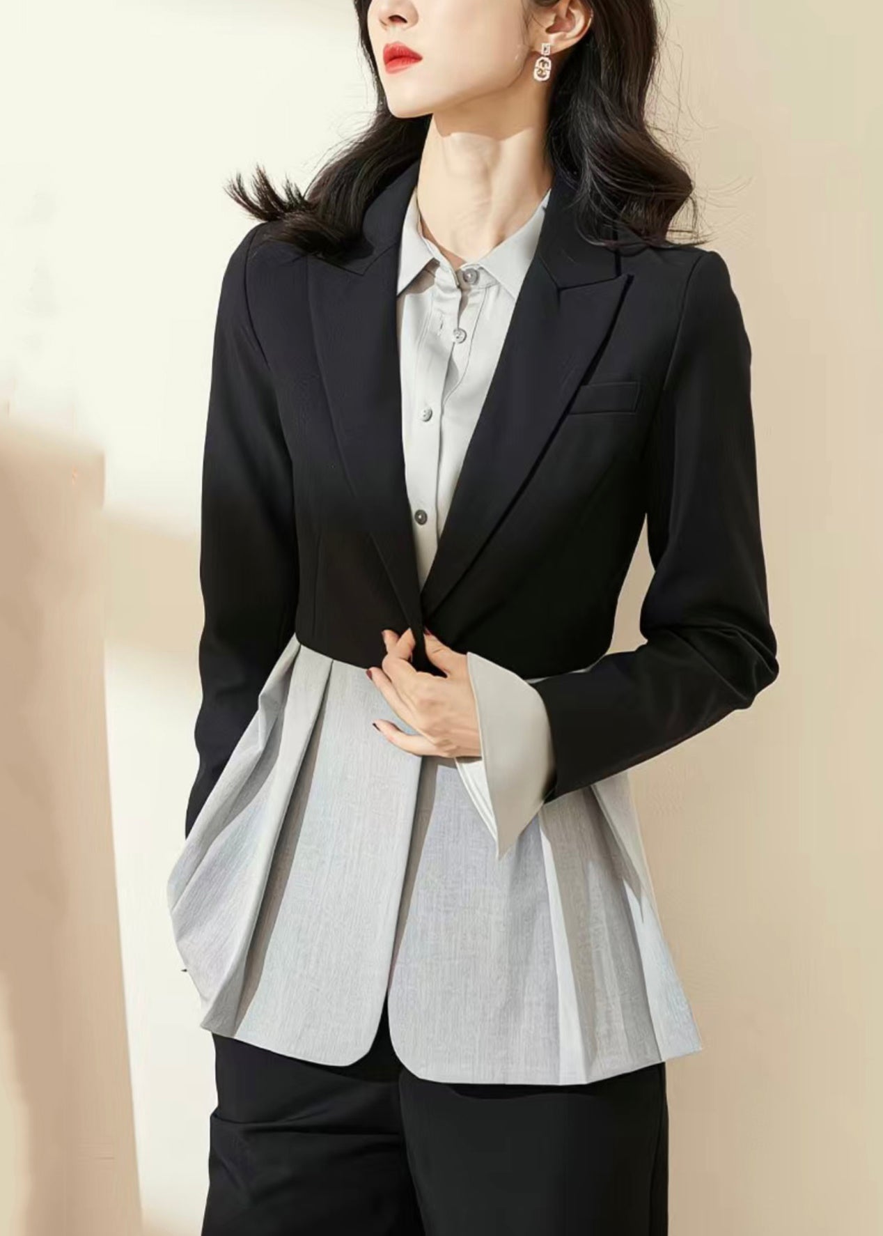 Loose Black Asymmetrical Patchwork Shirts and Shorts Two Pieces Sets Long Sleeve