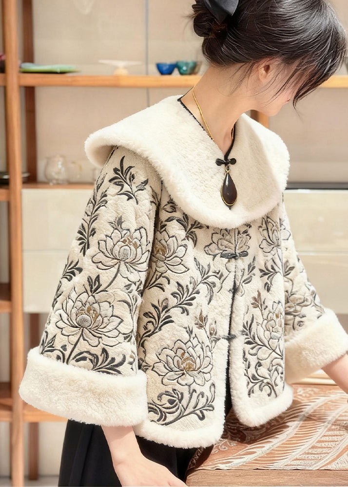 Apricot Fur Collar Embroidered Coats Winter