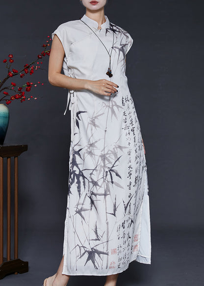 White Print Chiffon Vacation Dresses Cheongsam Sleeveless