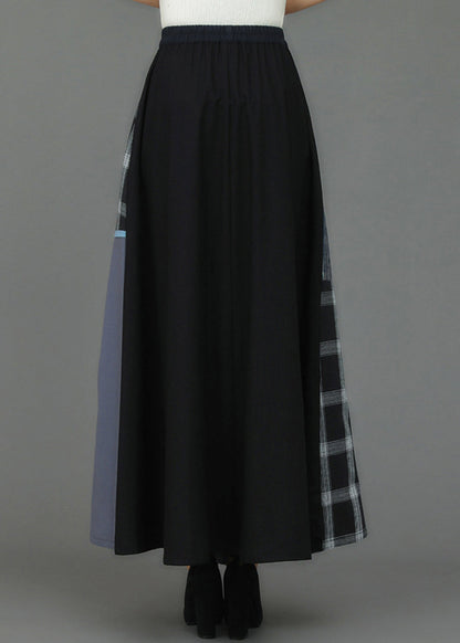 Retro Embroideried Pockets Plaid Patchwork Elastic Waist Skirts Fall