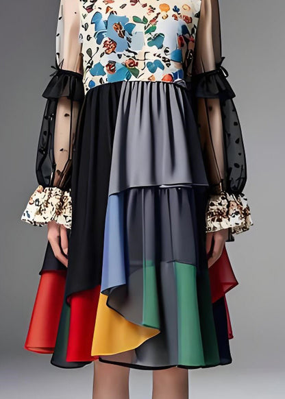 O Neck Print Organza Patchwork Chiffon Dress Long Sleeve