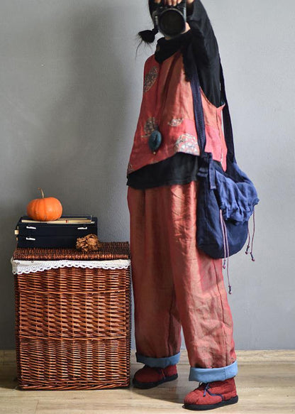 Red Linen Wide Leg Pants Trousers