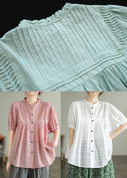 Style Pink Ruffled Wrinkled Cotton Shirt Summer