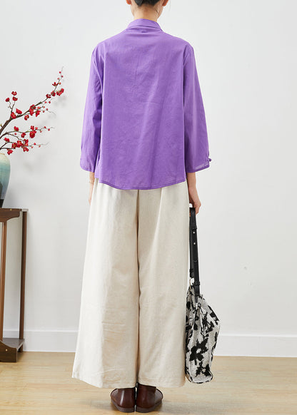 Purple Mandarin Collar Oriental Cotton Two Pieces Set Fall