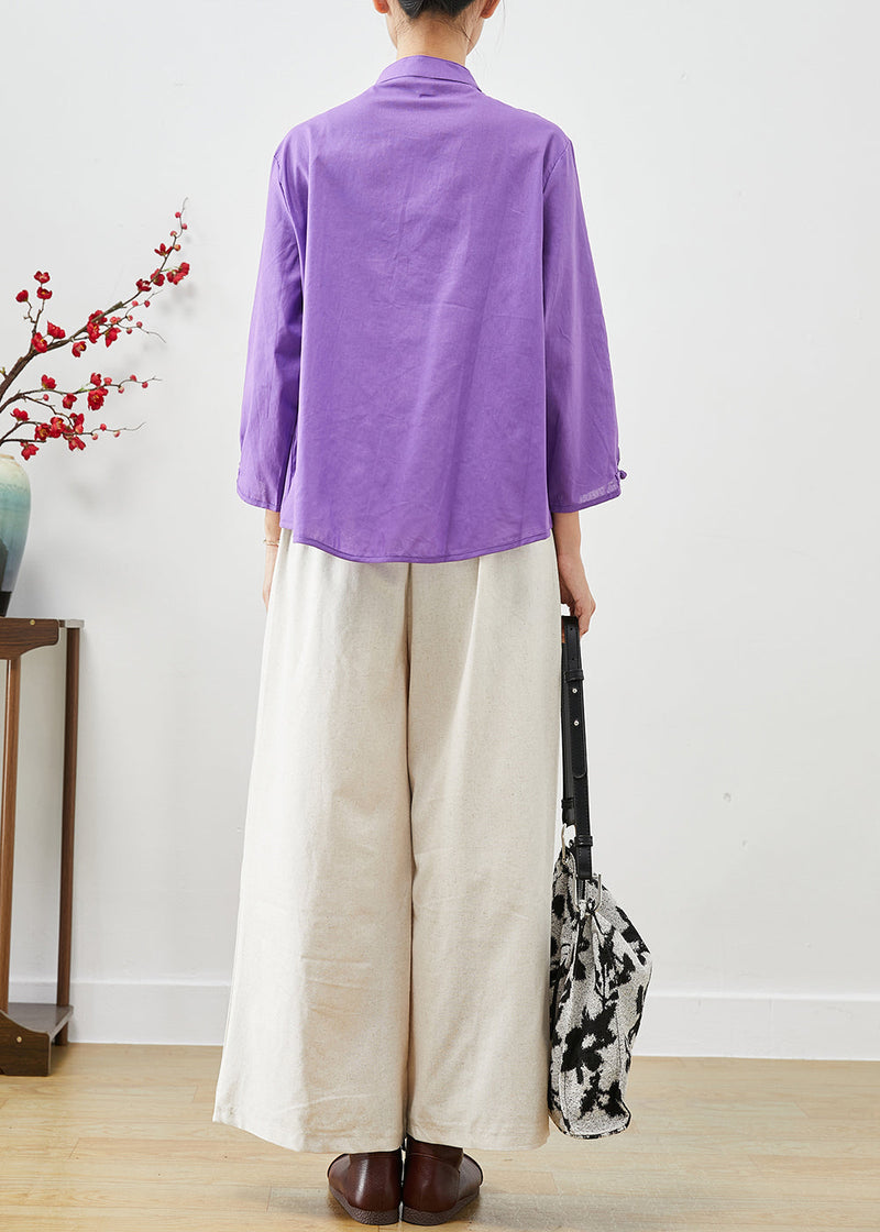 Purple Mandarin Collar Oriental Cotton Two Pieces Set Fall