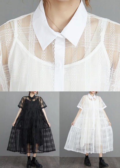 French Black Button Tulle Two Piece Set Short Sleeve