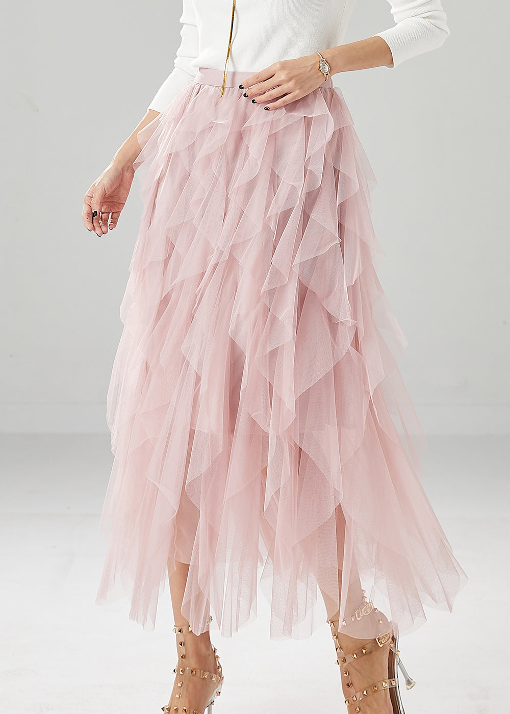 Pink High Waist Ruffles Tulle Skirt Summer