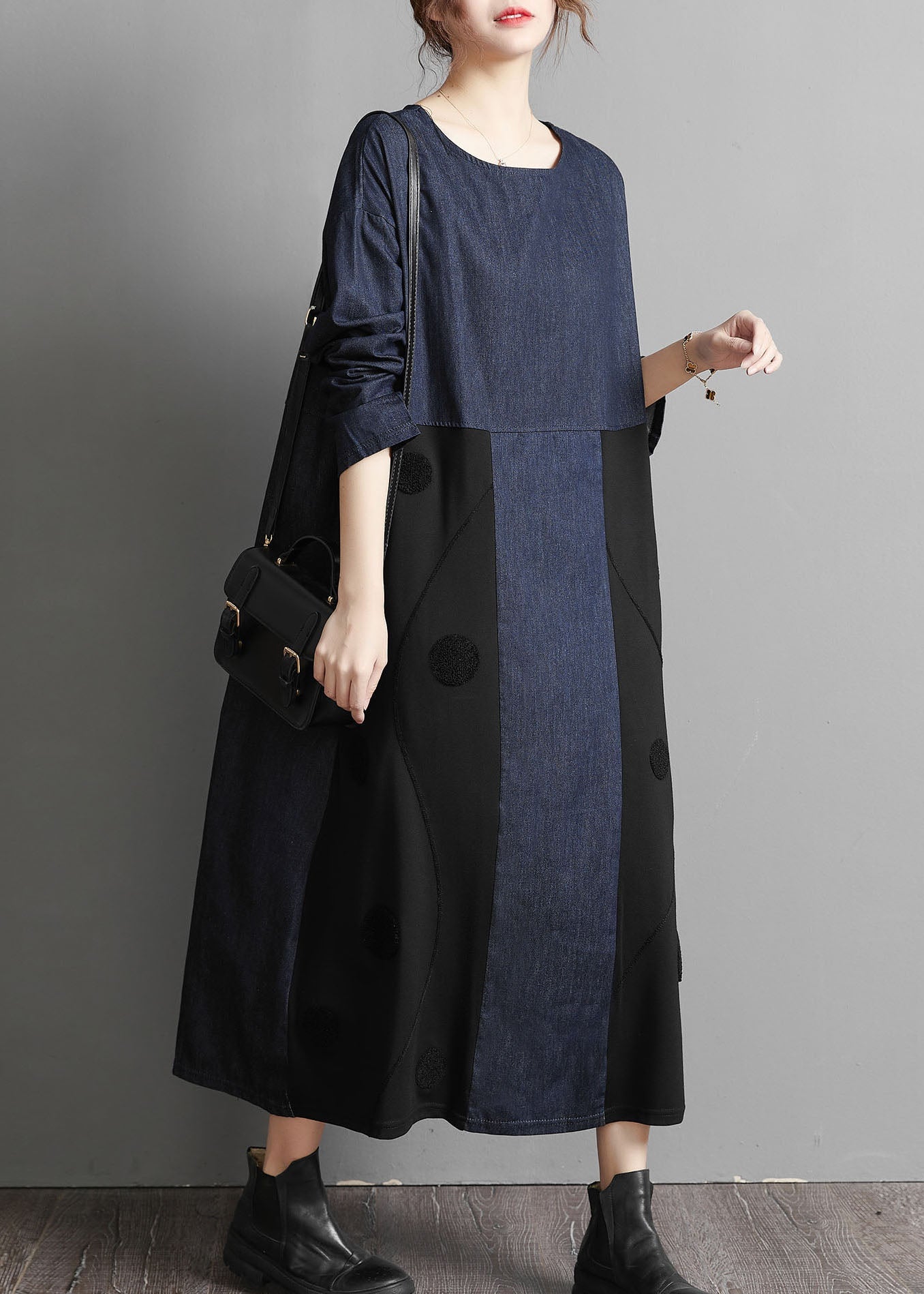 Blue O-neck Denim Patchwork Dresses Spring