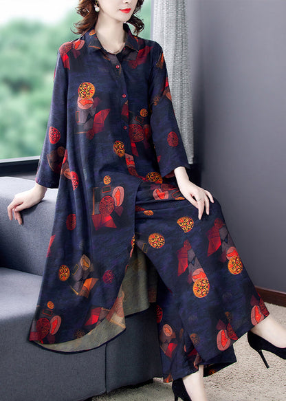 French Black Asymmetrical Print Chiffon Shirt and Wide Leg Pants Two Pieces Set Summer