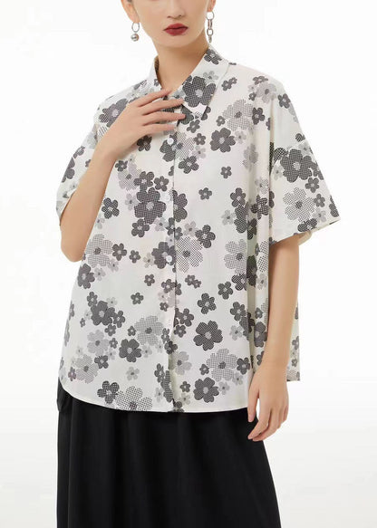 White Peter Pan Collar Print Cotton Shirts Summer