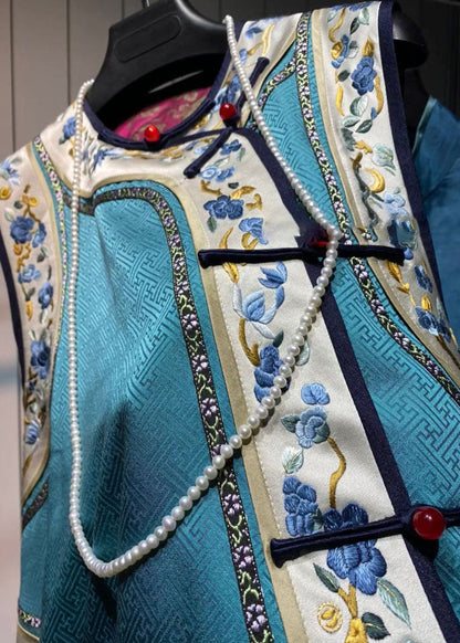 Loose Blue O-neck Embroideried Patchwork Silk Waistcoat Fall