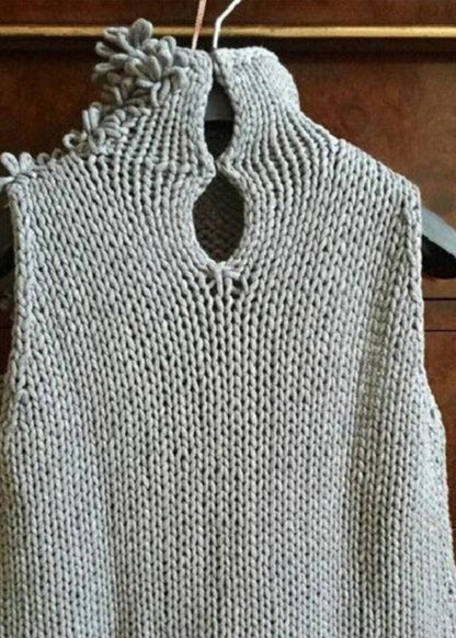 Style Grey Hign Neck Knit Vest Sleeveless Spring