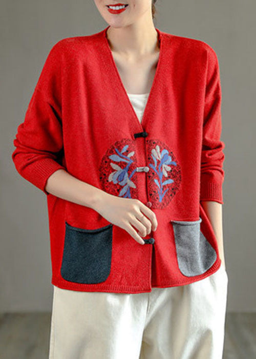 Blackish Green V Neck Patchwork Chinese Button Knit Cardigans Spring