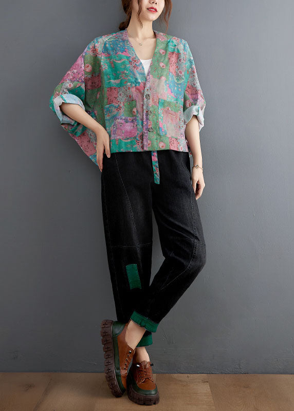 V Neck Button Pockets Print Fall Coats Long Sleeve