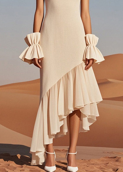 Beige O Neck Wrinkled Patchwork Knit Dress Sleeveless