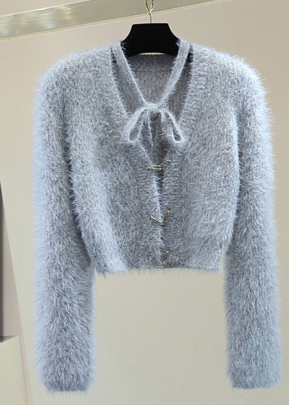 Classy Grey V Neck Bow Ma Hai Mao Cotton Knit Sweaters Winter