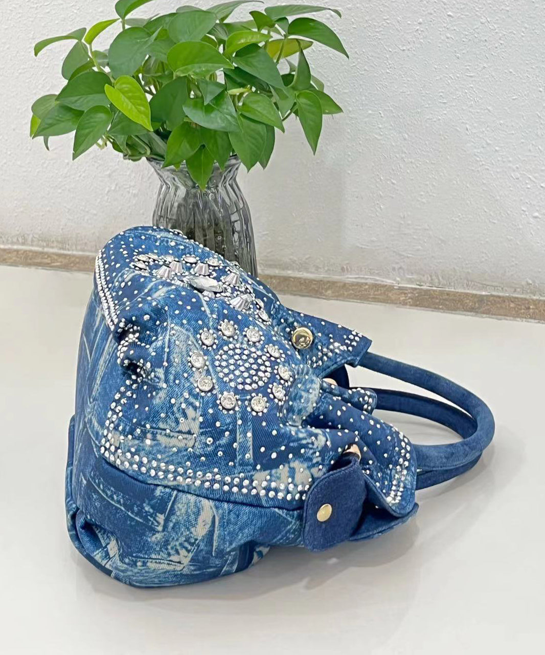 Fine Blue Zircon Durable Denim Tote Handbag