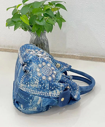 Fine Blue Zircon Durable Denim Tote Handbag