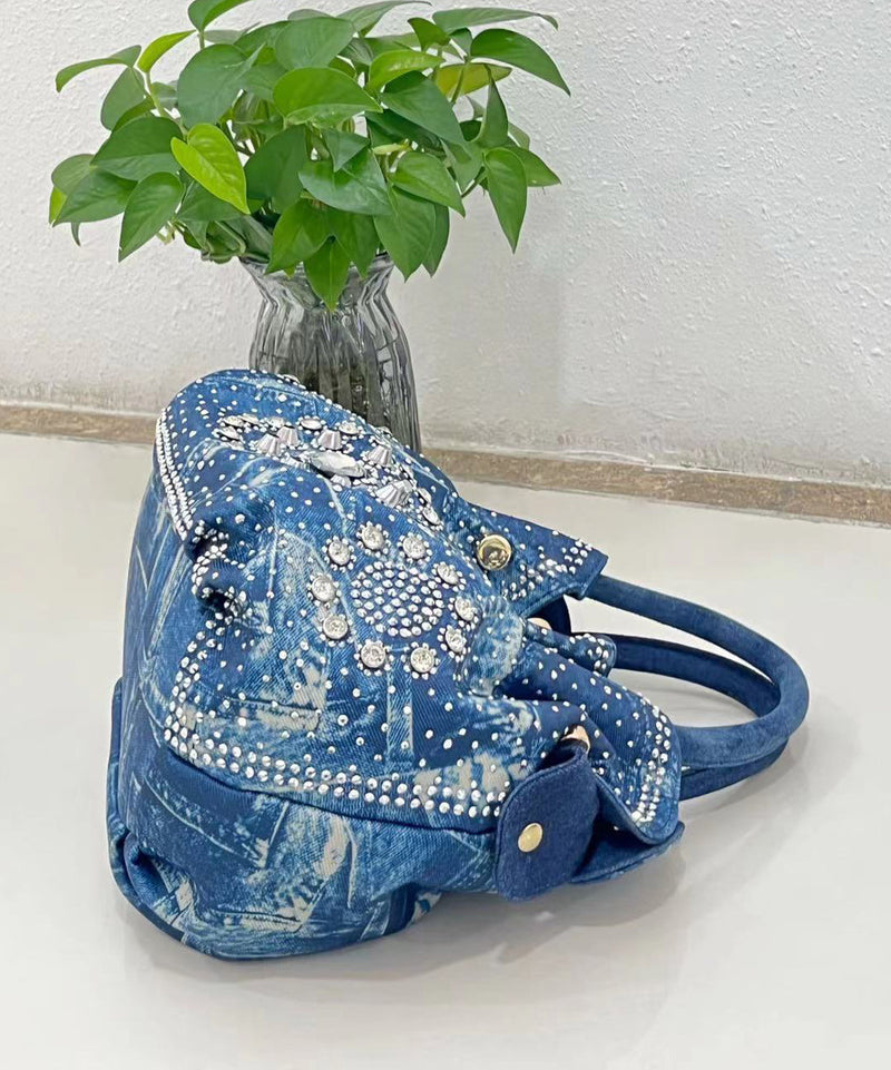 Fine Blue Zircon Durable Denim Tote Handbag