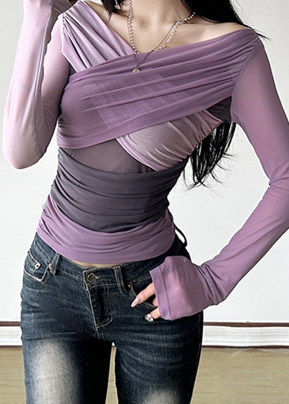Purple Slash Neck Wrinkled Tulle Top Spring