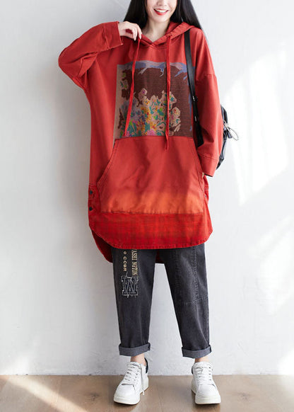 Red Hooded Pockets Print Cotton Sweatshirt Dress Spring