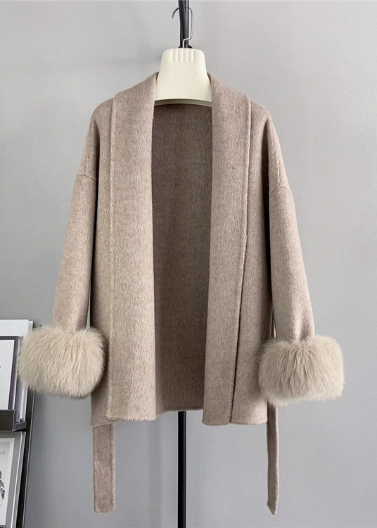 Beige Tie Waist Fox Patchwork Woolen Coats Winter