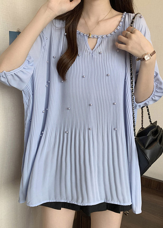 Blue Nail Bead Patchwork Chiffon Blouses O-neck Half Sleeve